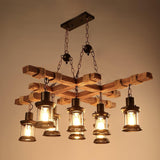8 Light Rustic Wood Chandelier with Clear Glass Shades and Hemp Rope Accents
