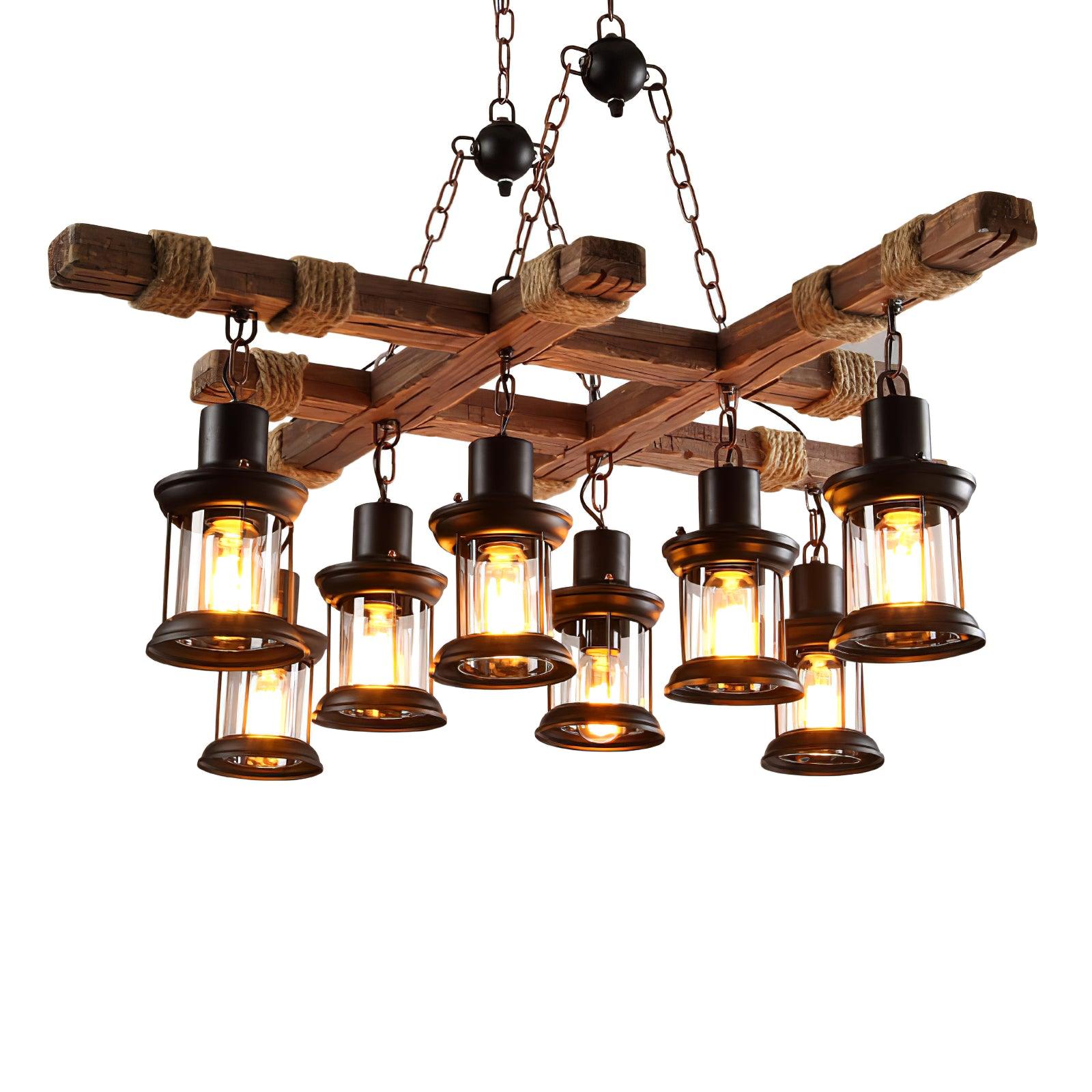 8 Light Rustic Wood Chandelier with Clear Glass Shades and Hemp Rope Accents