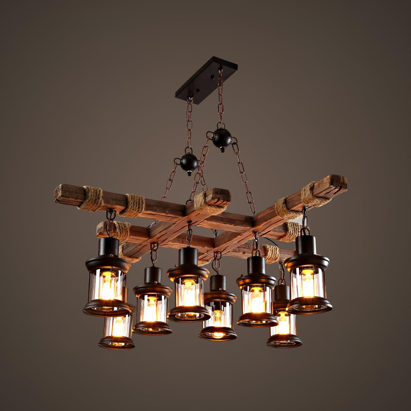 8 Light Rustic Wood Chandelier with Clear Glass Shades and Hemp Rope Accents
