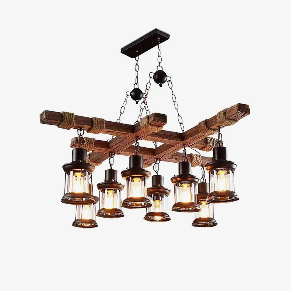 8 Light Rustic Wood Chandelier with Clear Glass Shades and Hemp Rope Accents