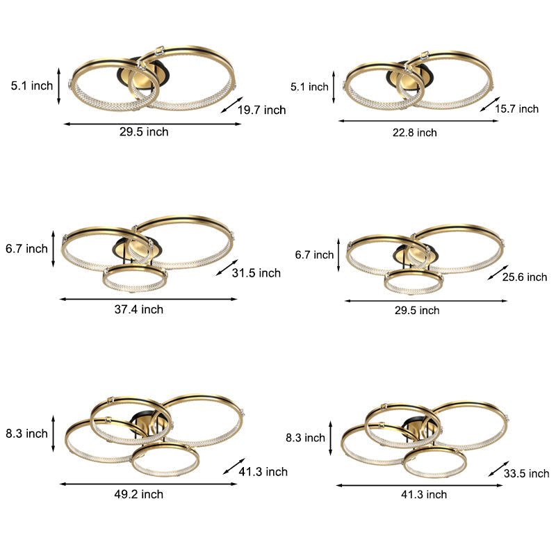 Modern Brushed Gold Circular Multi Ring LED Ceiling Light Fixture with 3 Step Color Dimming
