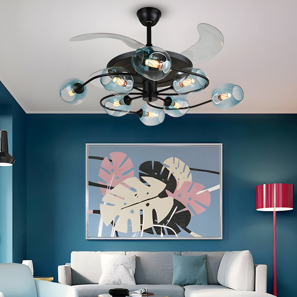 Modern 41 Inch Retractable Ceiling Fan with 4 Blades and Colored Glass Shades for Living Room