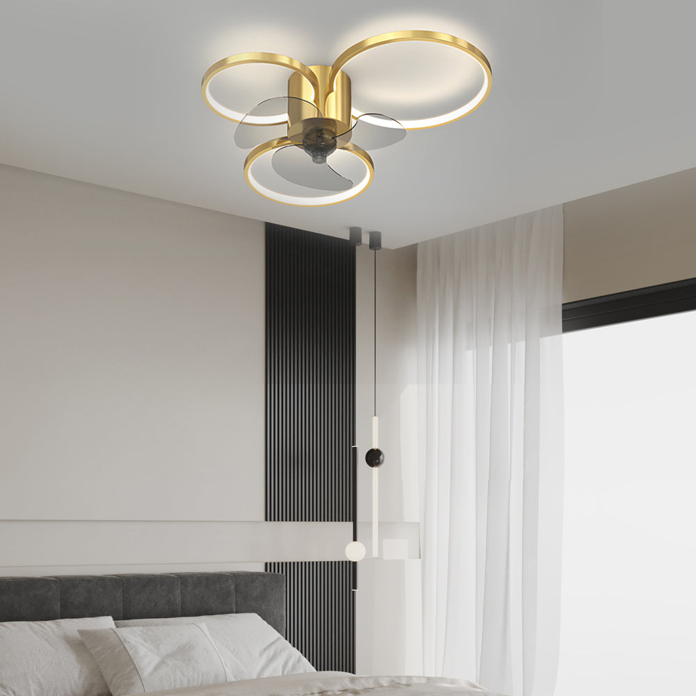 Silent Modern LED Ceiling Fan Light with Square and Round Ring Design Three Step Dimming