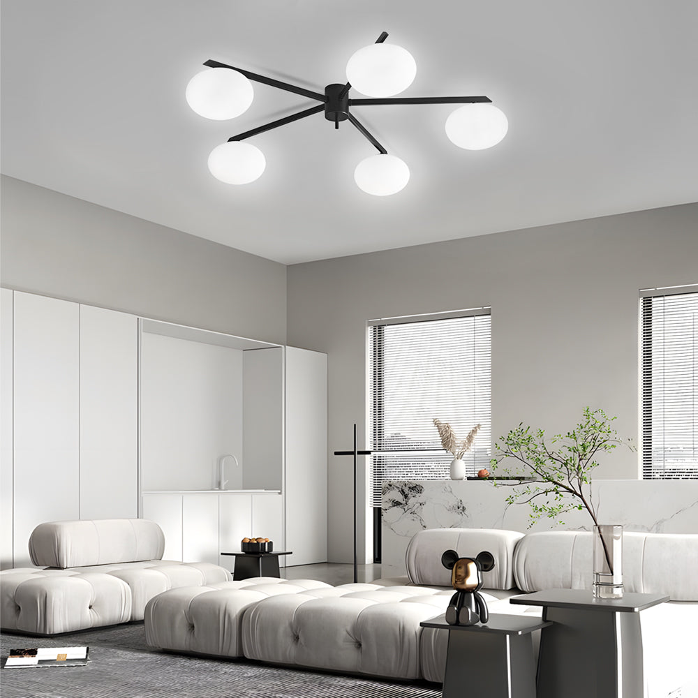Modern White Glass Globe Semi Flush Mount Ceiling Light with Black Iron Arms