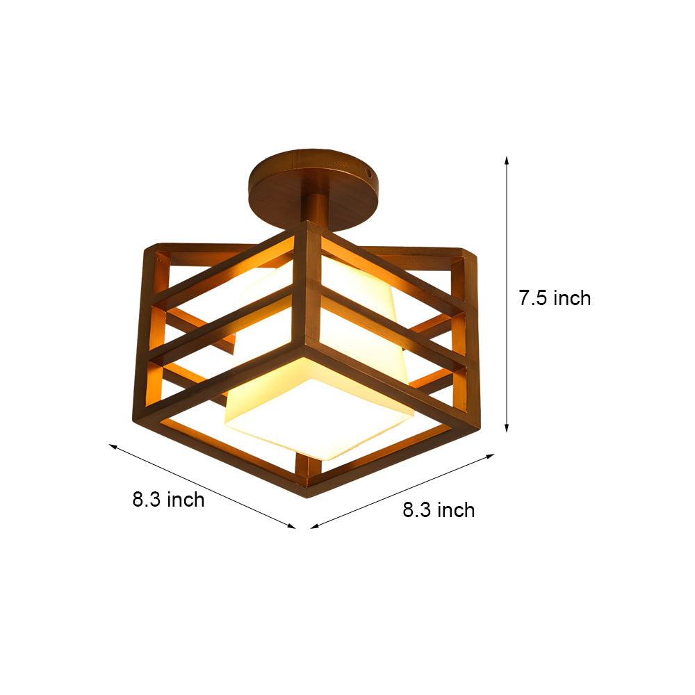 Modern Walnut Wood Cube Semi Flush Mount Ceiling Light with White Glass Shade