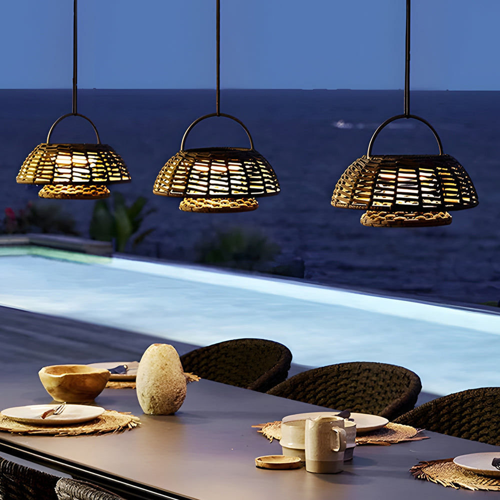 Hand Woven Rope Rattan Waterproof LED Solar Outdoor Chandelier for Garden and Terrace