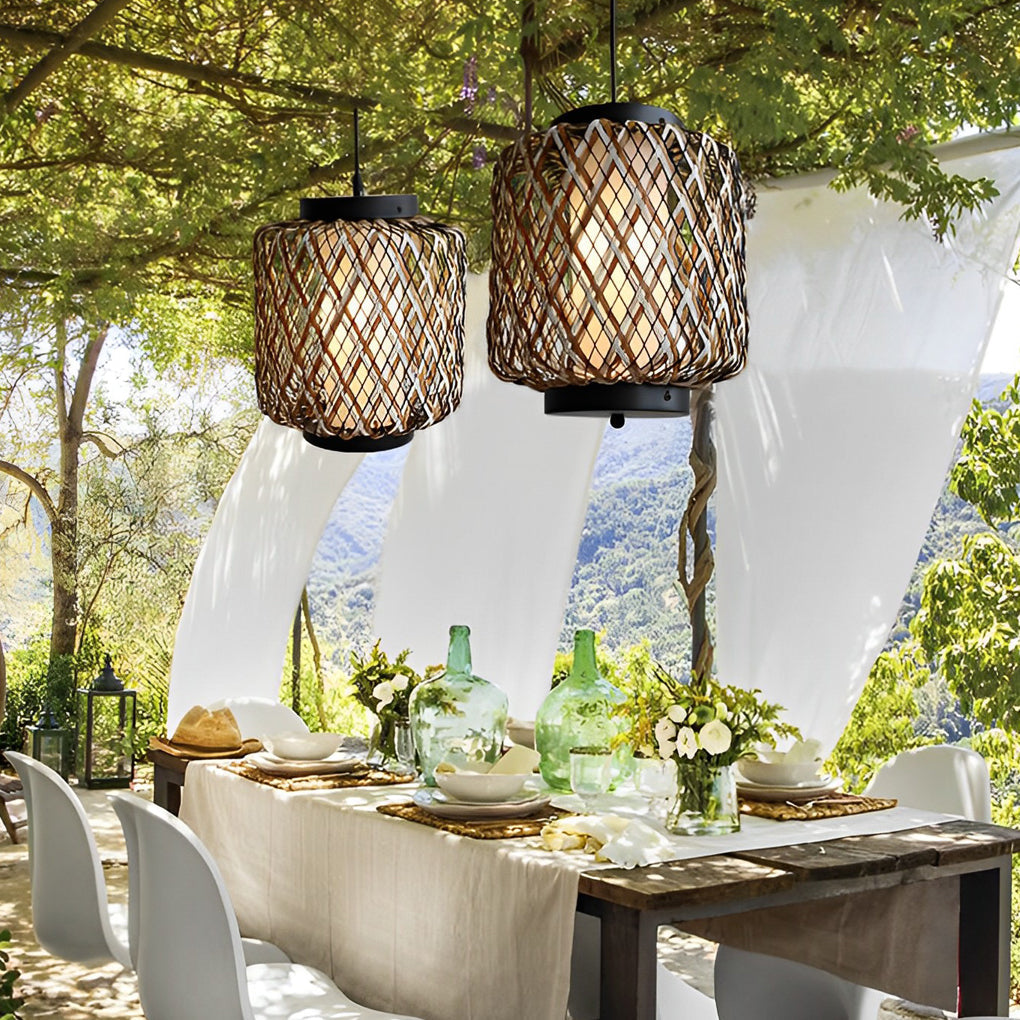 Hand Woven Rattan Outdoor Chandelier Waterproof Rustic Hanging Pendant Light for Garden Patio Yard
