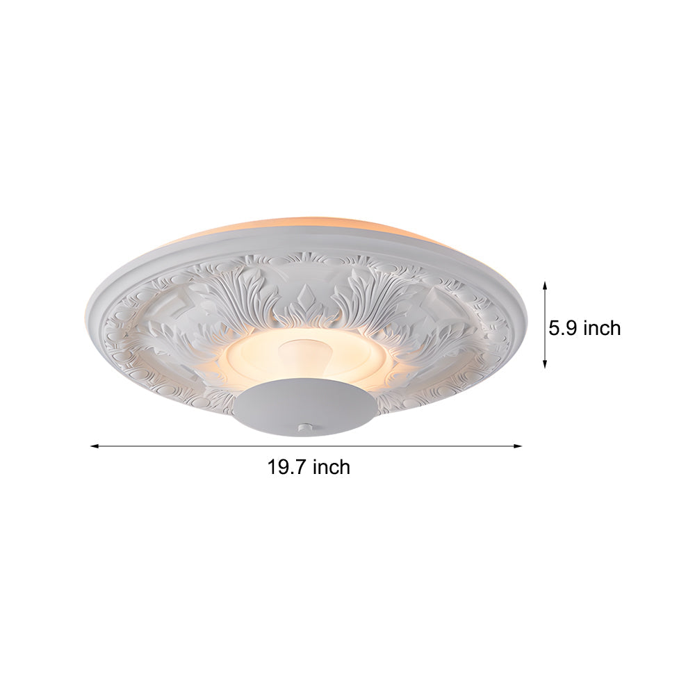 Ornate White Plaster Relief LED Flush Mount Round Ceiling Light Dimmable 19.7 Inch