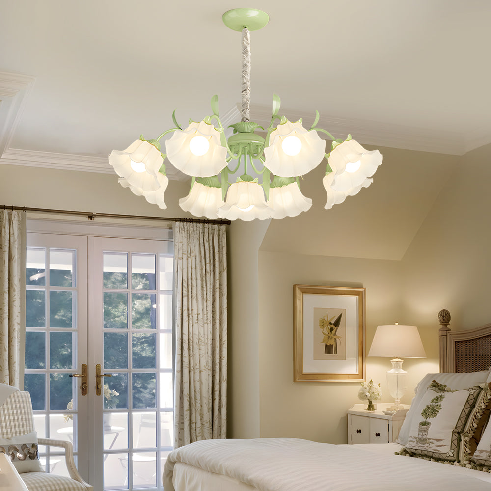 9 Light French Country Floral Glass Chandelier with Three Step Dimming and Iron Branch Frame