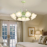 9 Light French Country Floral Glass Chandelier with Three Step Dimming and Iron Branch Frame