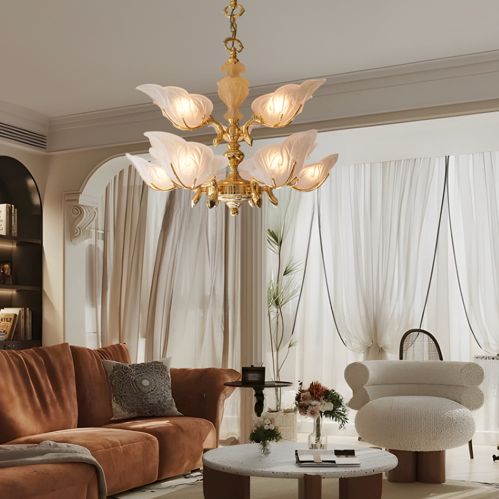 9 Light Italian Style Brass Chandelier with Murano Glass Leaves Mid Century Pendant Lighting