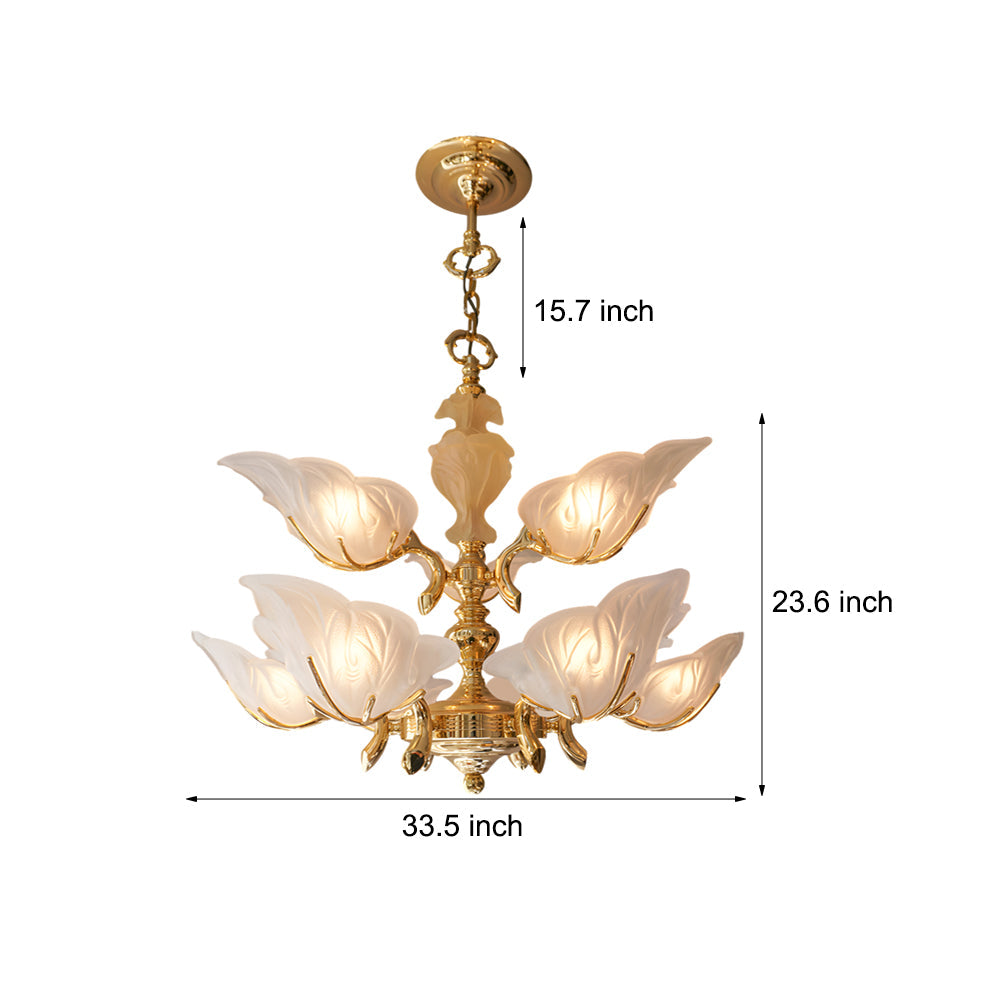 9 Light Italian Style Brass Chandelier with Murano Glass Leaves Mid Century Pendant Lighting