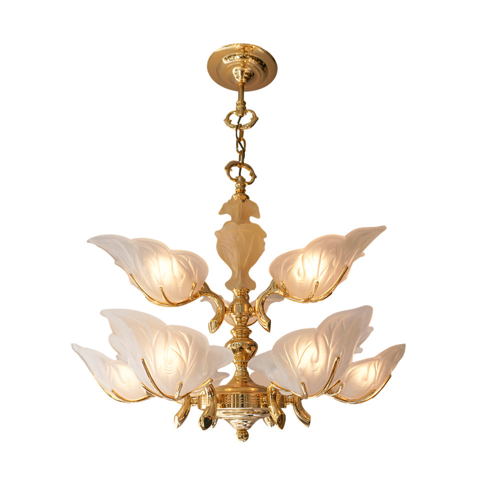 9 Light Italian Style Brass Chandelier with Murano Glass Leaves Mid Century Pendant Lighting