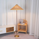 Mid Century Modern Rattan Stem Floor Lamp with Elegant Fabric Shade for Indoor Living Spaces