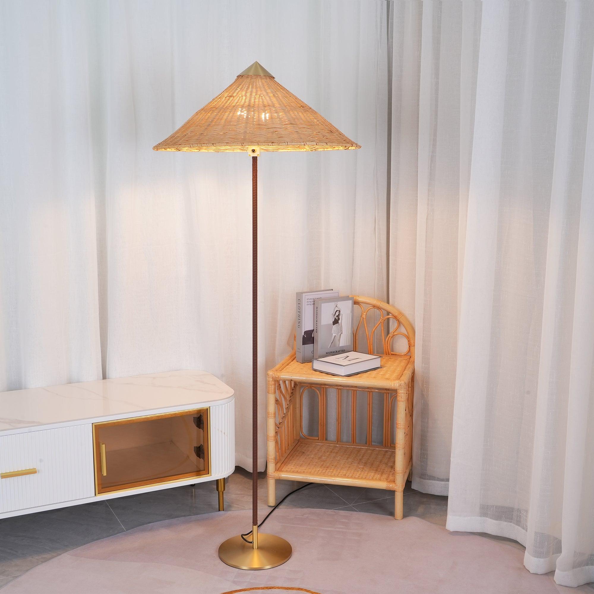 Mid Century Modern Rattan Stem Floor Lamp with Elegant Fabric Shade for Indoor Living Spaces
