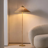 Mid Century Modern Rattan Stem Floor Lamp with Elegant Fabric Shade for Indoor Living Spaces