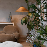 Mid Century Modern Rattan Stem Floor Lamp with Elegant Fabric Shade for Indoor Living Spaces