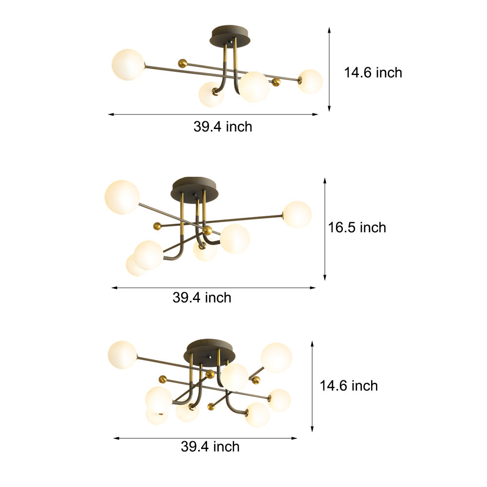 Modern Sputnik Globe Semi Flush Mount Ceiling Light with Milky White Glass Shades