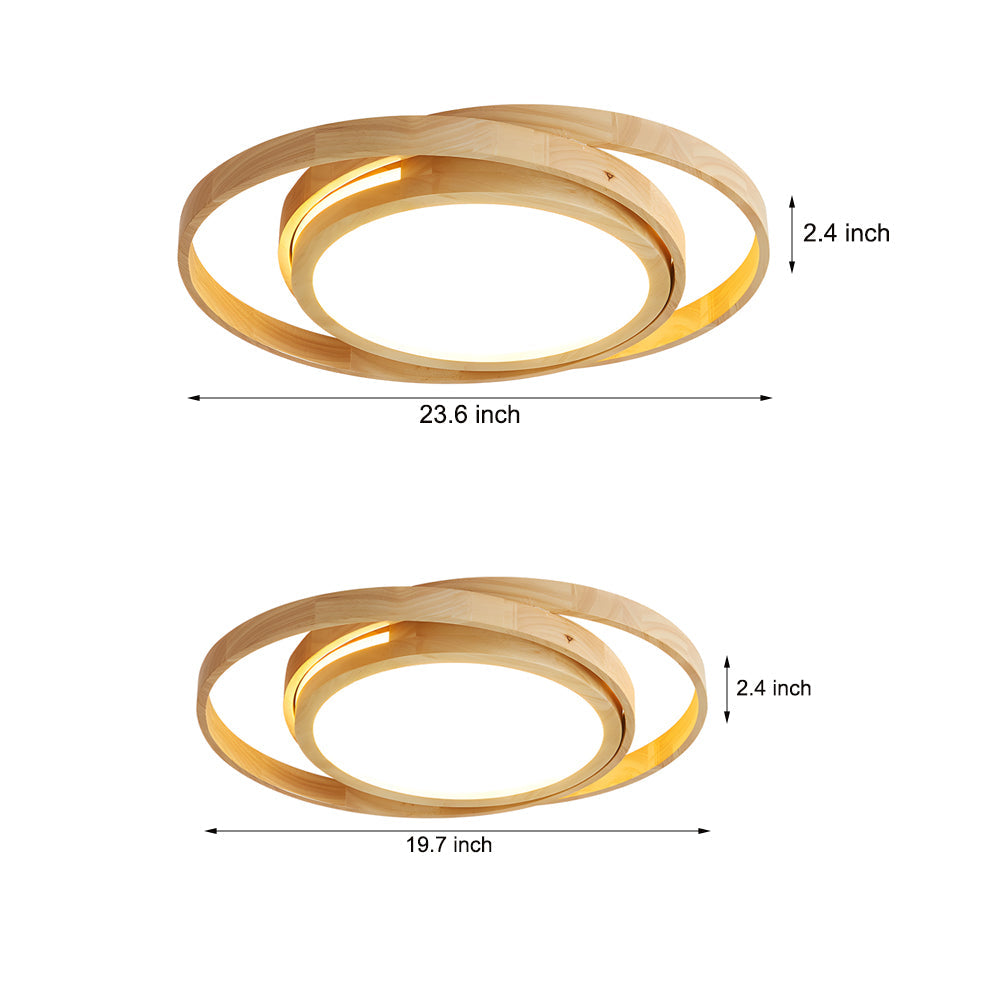 Modern Round Oak Wood LED Ceiling Light with Oval Rings Minimalist Flush Mount Fixture
