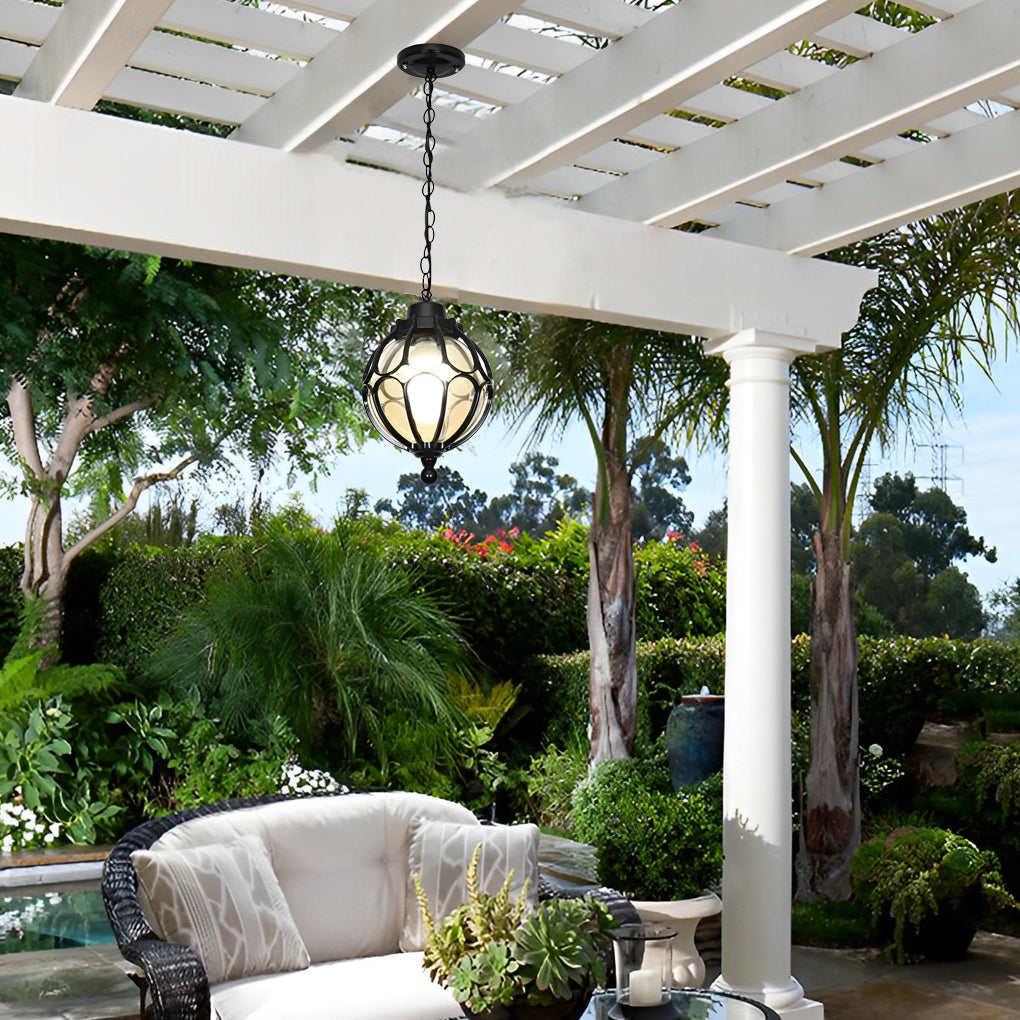 Retro Glass Globe Outdoor Pendant Light Waterproof Aluminum Exterior Chandelier for Porch and Garden