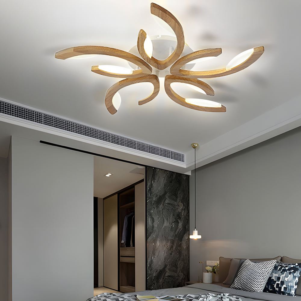 Modern Oak Wood Floral LED Semi Flush Mount Ceiling Light with Petal Acrylic Shades