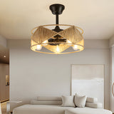 20 Inch Rustic Hemp Rope Woven Caged Ceiling Fan with Light 6 Speed Remote Control for Bedroom