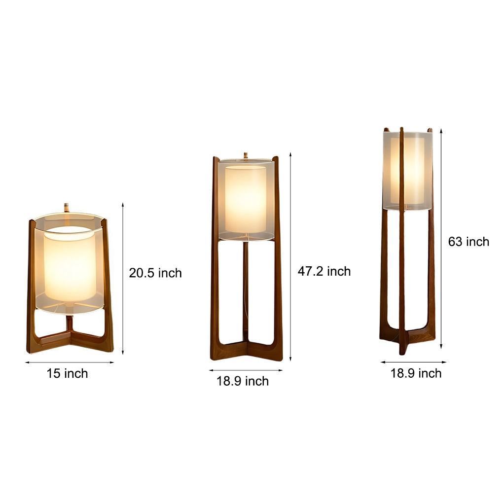 Japanese Style Wood LED Floor Lamp with Double Shade and Natural Finish Standing Light