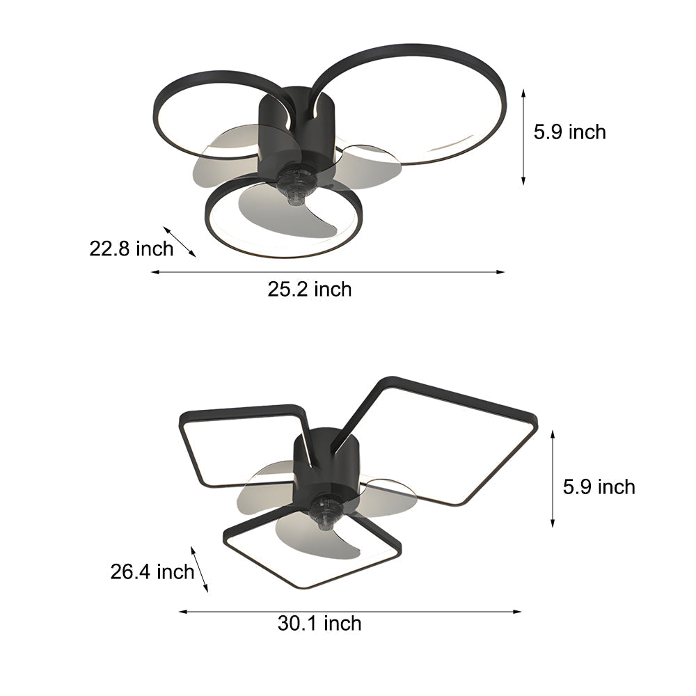 Silent Modern LED Ceiling Fan Light with Square and Round Ring Design Three Step Dimming