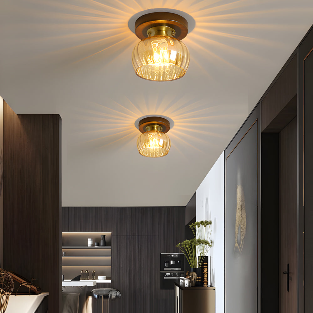 American Country Style Walnut Wood and Glass Flush Mount Ceiling Light Fixture