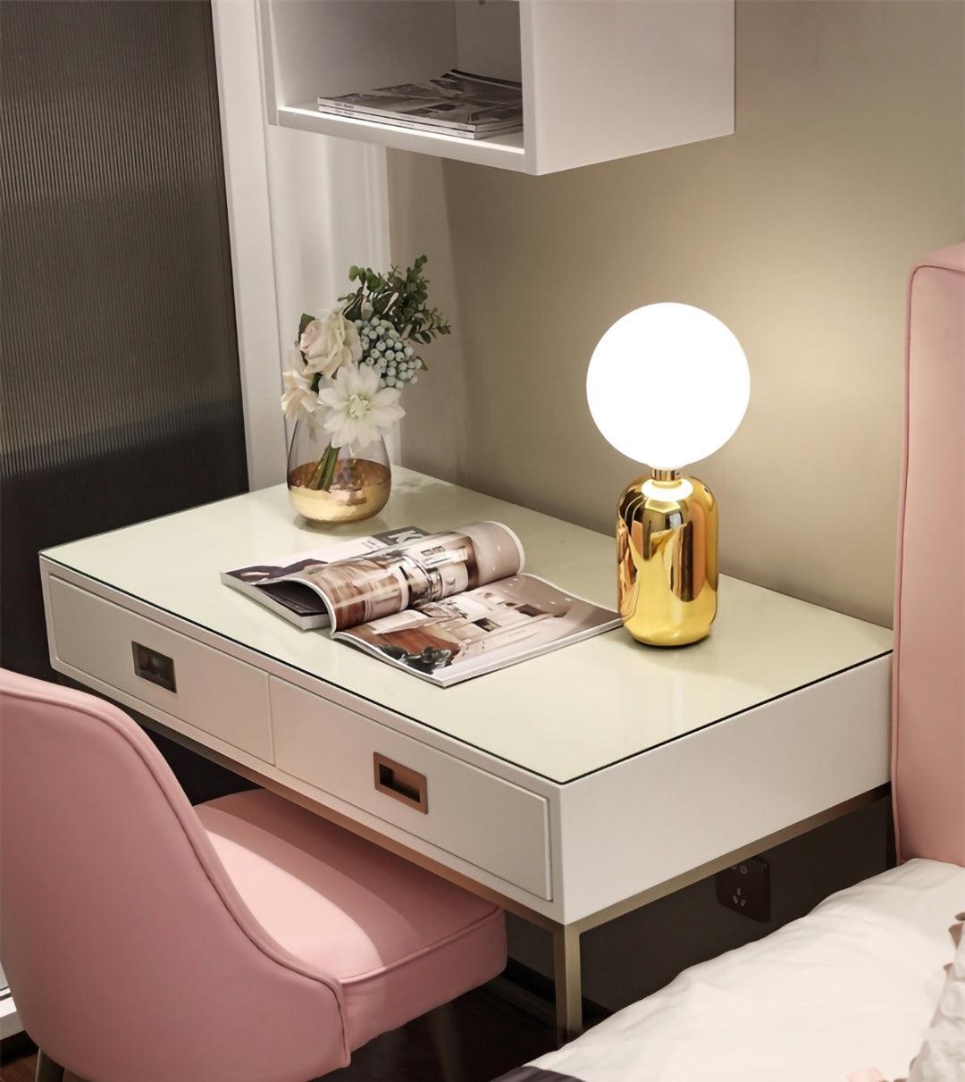 Modern Glass Globe Table Lamp with Polished Metal Frame for Modern Ambient Lighting