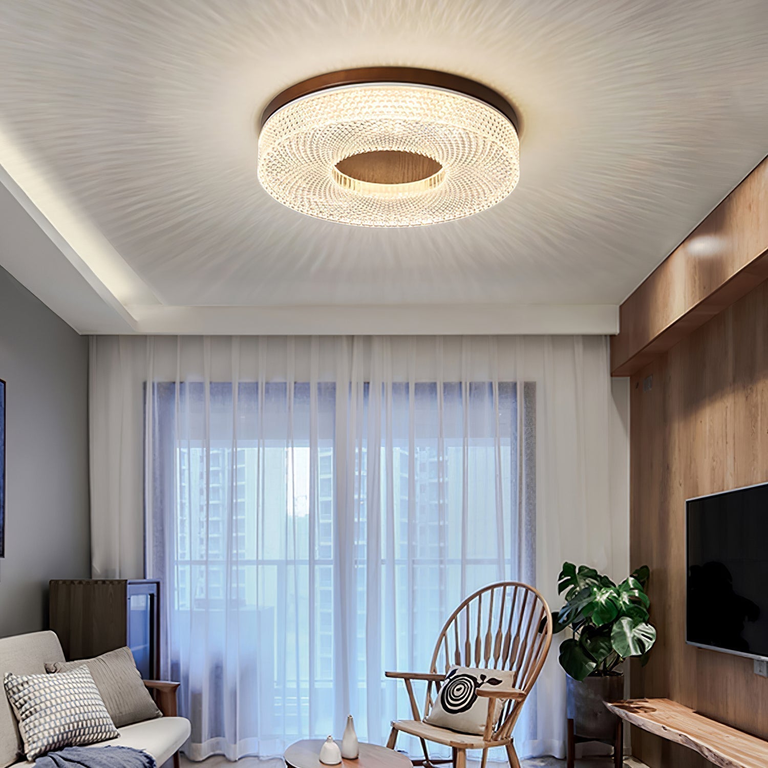 Modern Round Acrylic Halo LED Ceiling Light with Wood Trim and Adjustable Three Color Temperatures