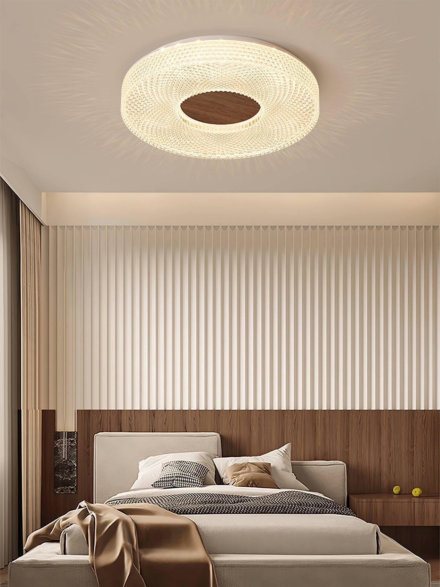 Modern Round Acrylic Halo LED Ceiling Light with Wood Trim and Adjustable Three Color Temperatures