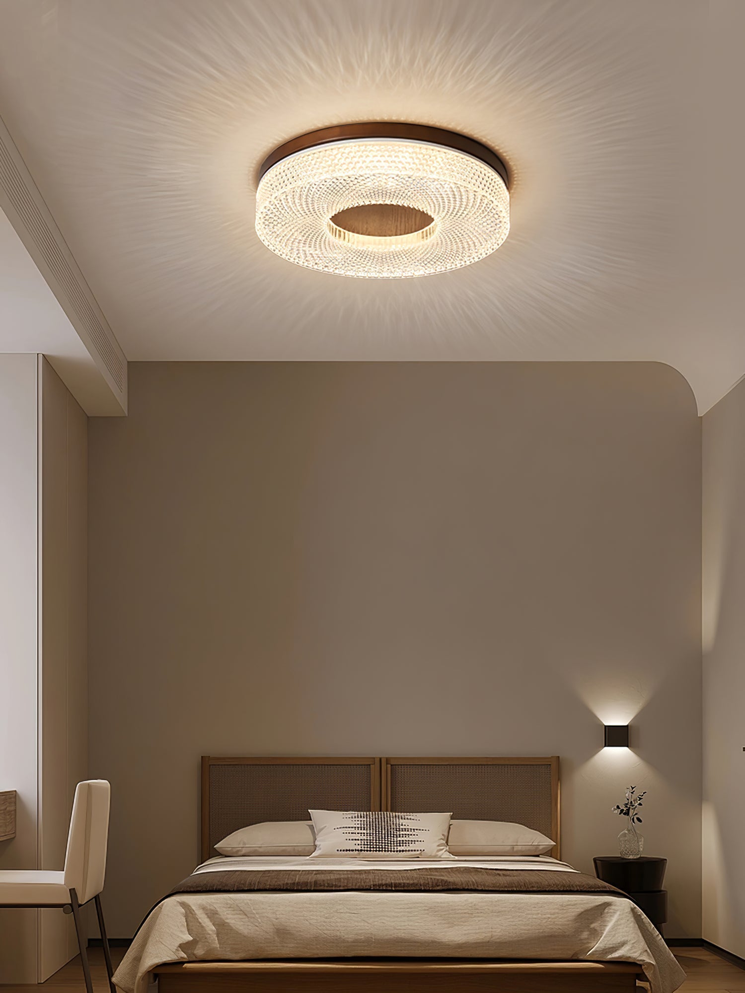 Modern Round Acrylic Halo LED Ceiling Light with Wood Trim and Adjustable Three Color Temperatures
