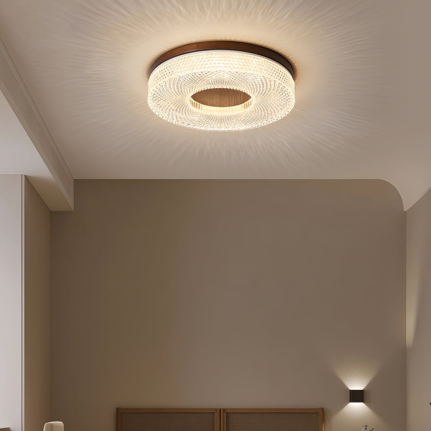 Modern Round Acrylic Halo LED Ceiling Light with Wood Trim and Adjustable Three Color Temperatures
