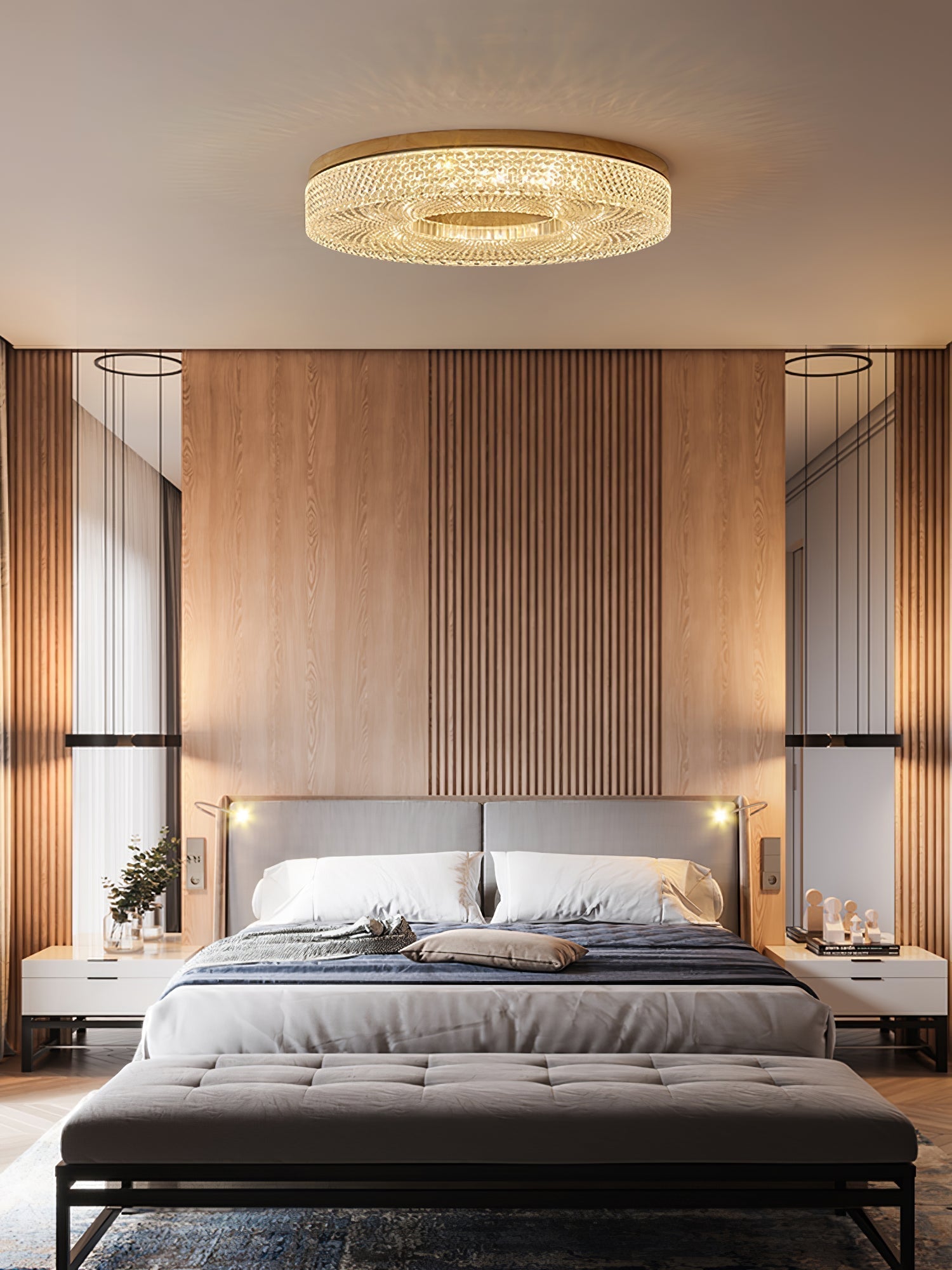 Modern Round Acrylic Halo LED Ceiling Light with Wood Trim and Adjustable Three Color Temperatures