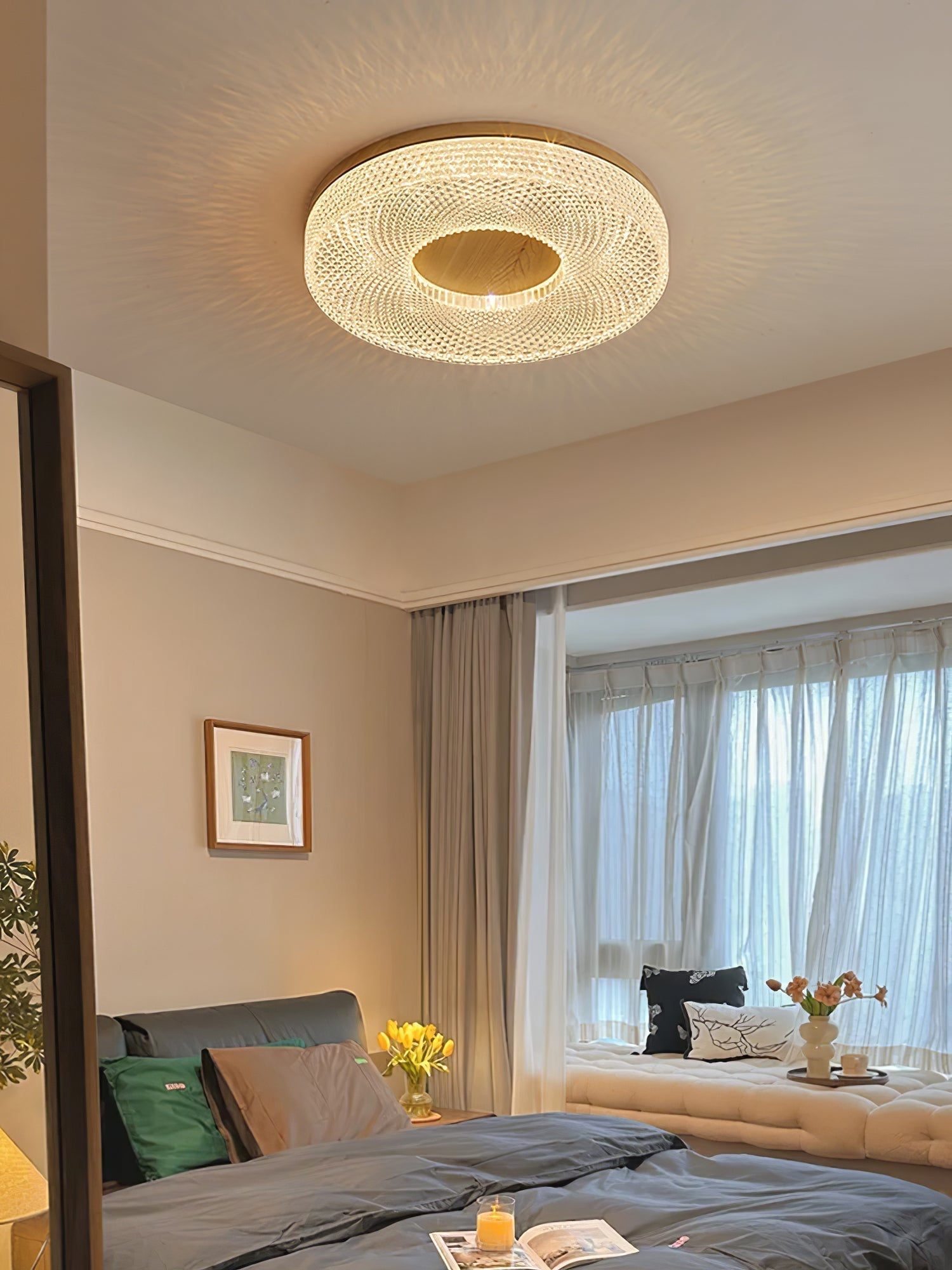 Modern Round Acrylic Halo LED Ceiling Light with Wood Trim and Adjustable Three Color Temperatures