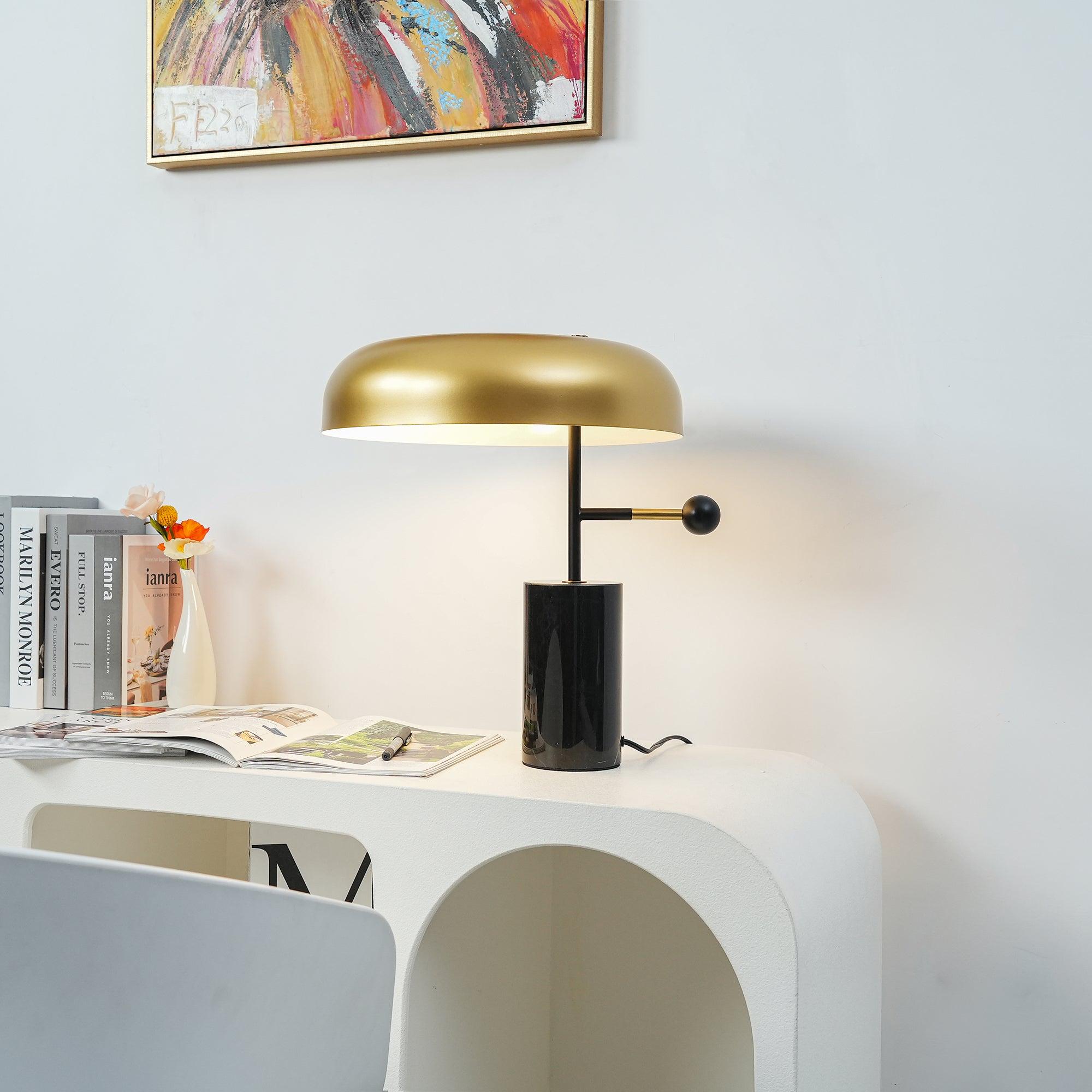 Modern Adam Table Lamp with Black Marble Base and Gold Metal Shade for Bedroom and Office