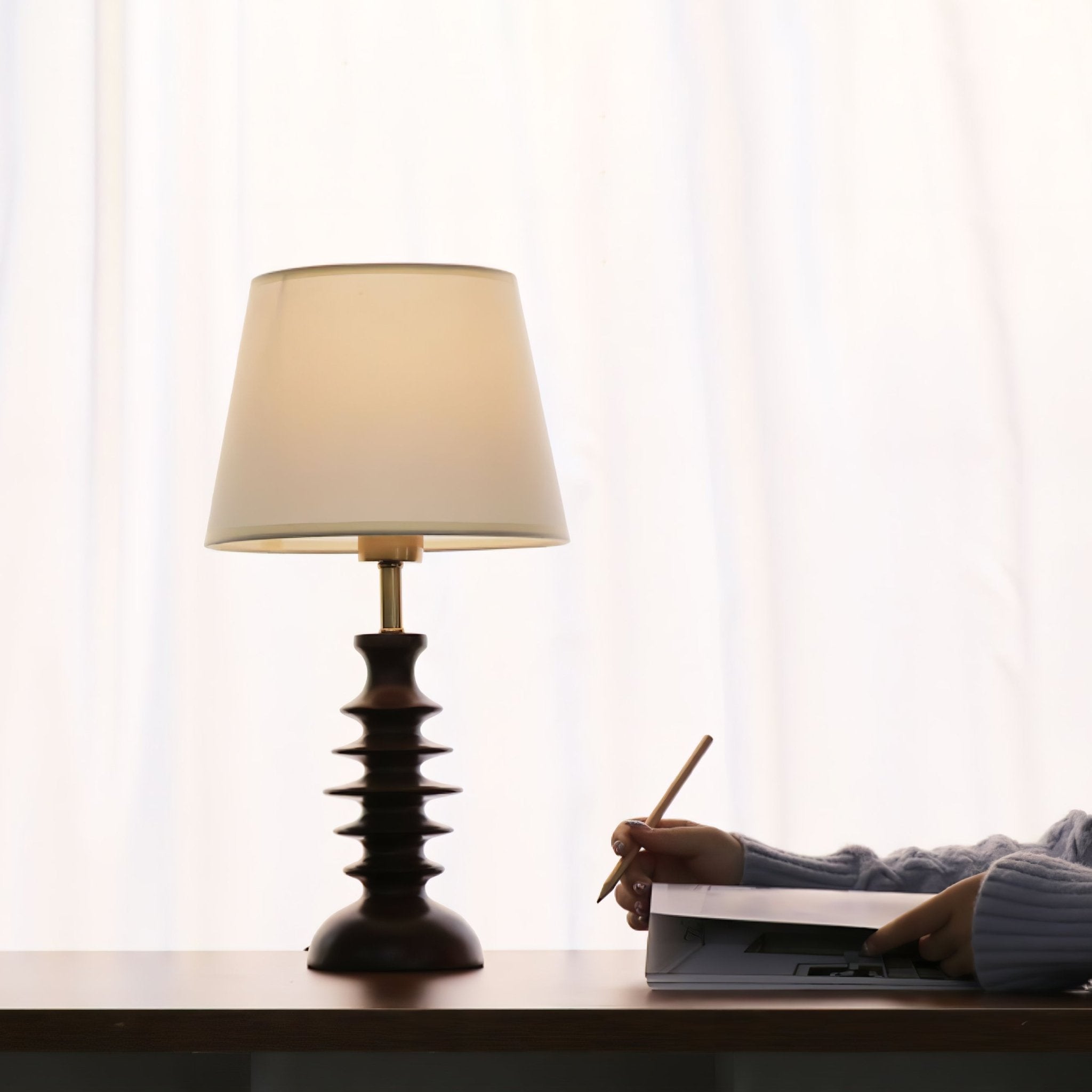 Modern Black Walnut Table Lamp with Handmade Linen Fabric Shade for Bedroom and Living Room