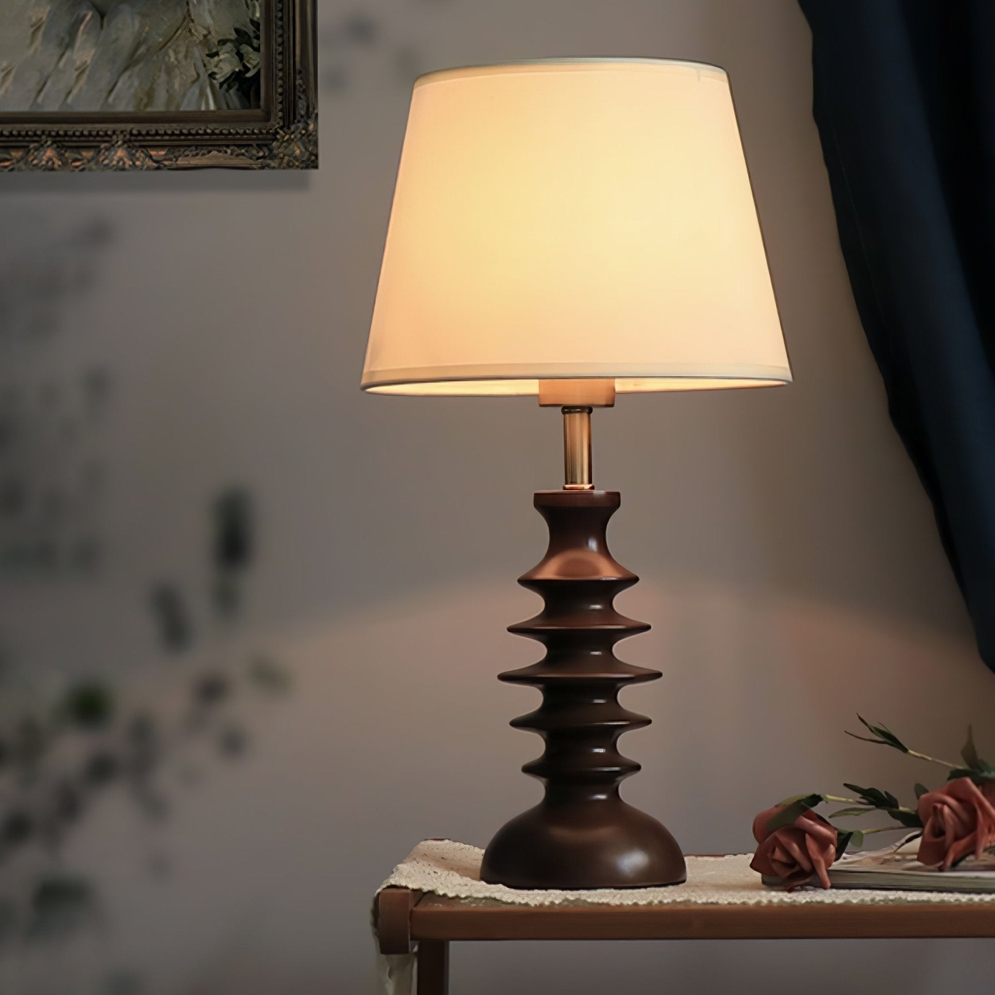 Modern Black Walnut Table Lamp with Handmade Linen Fabric Shade for Bedroom and Living Room