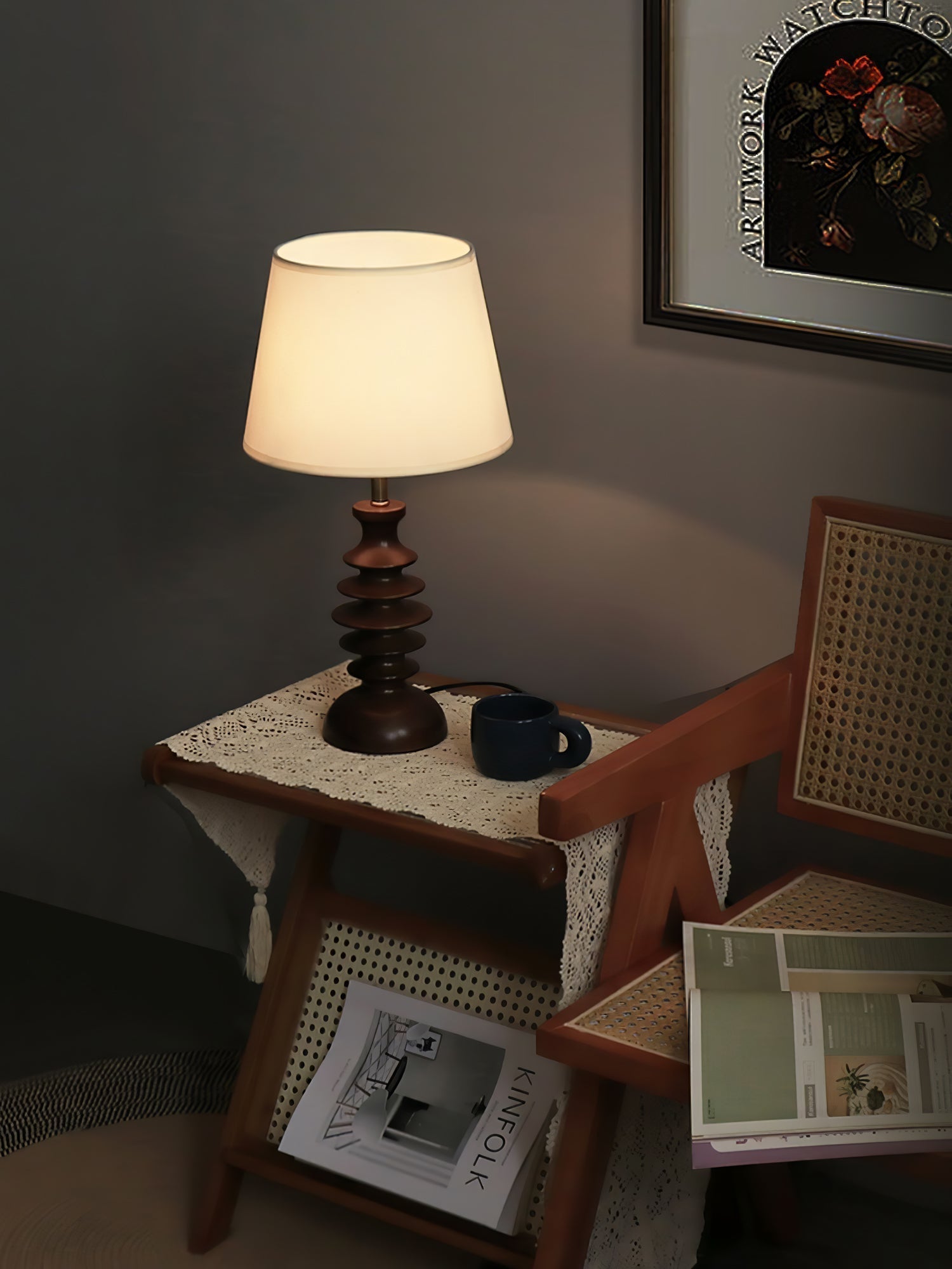 Modern Black Walnut Table Lamp with Handmade Linen Fabric Shade for Bedroom and Living Room