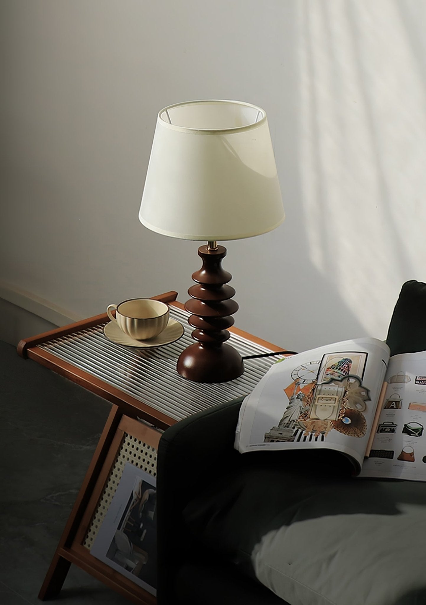 Modern Black Walnut Table Lamp with Handmade Linen Fabric Shade for Bedroom and Living Room