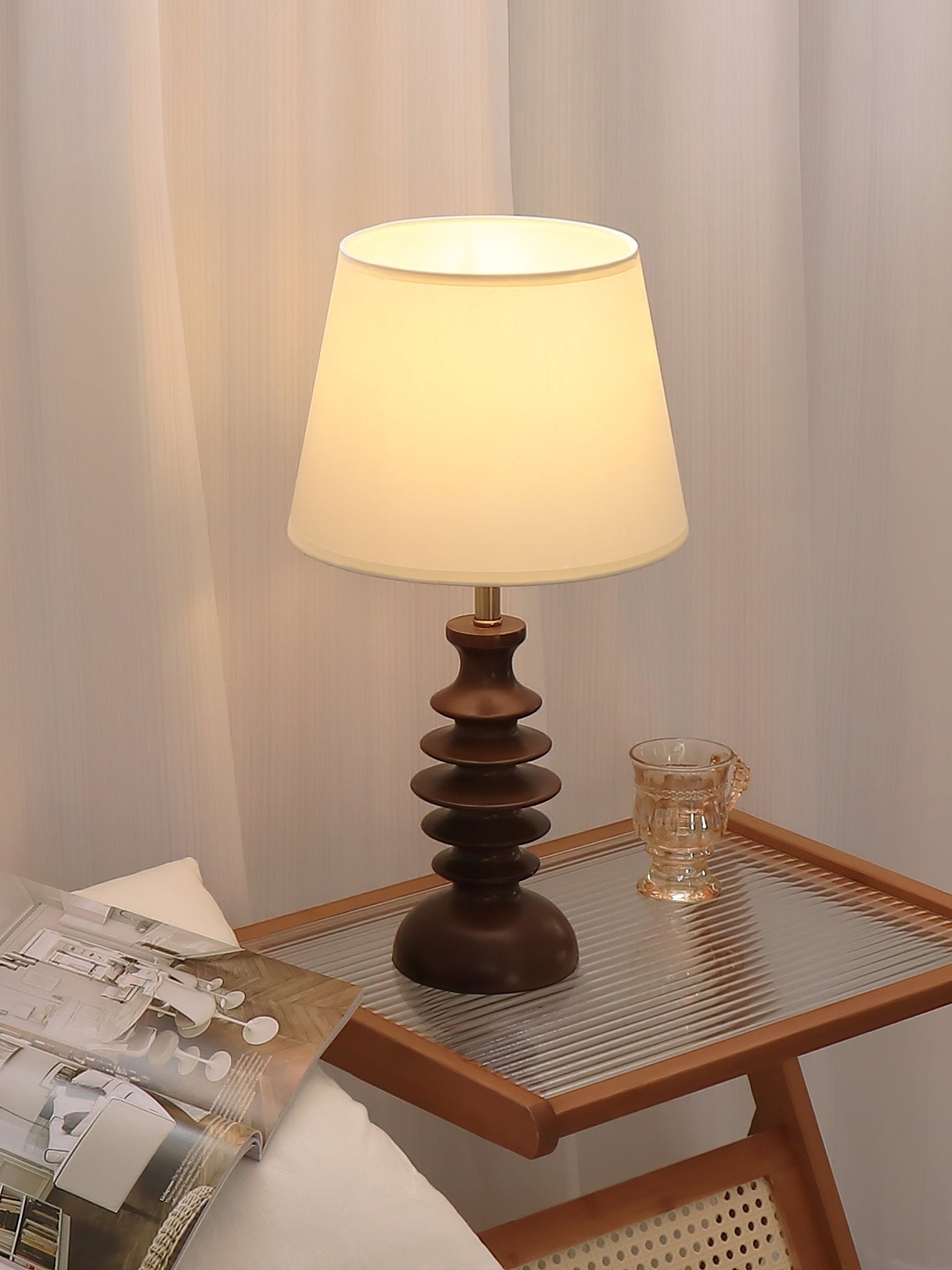 Modern Black Walnut Table Lamp with Handmade Linen Fabric Shade for Bedroom and Living Room