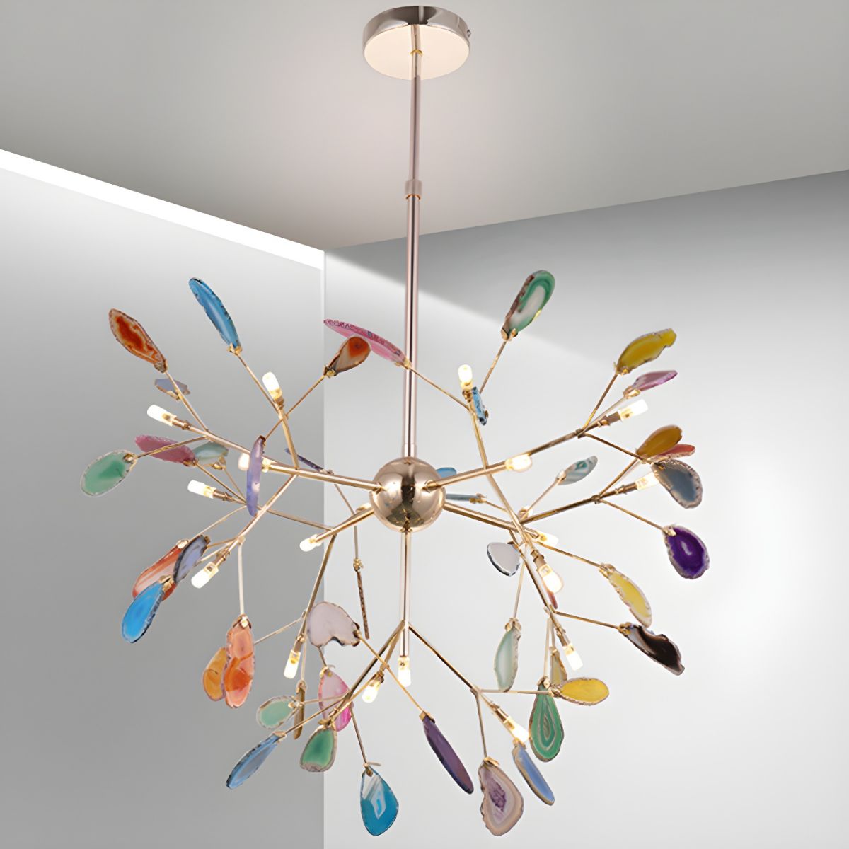 Modern Agate Flake Crown Chandelier Natural Onyx Stone Pendant Light in Gold
