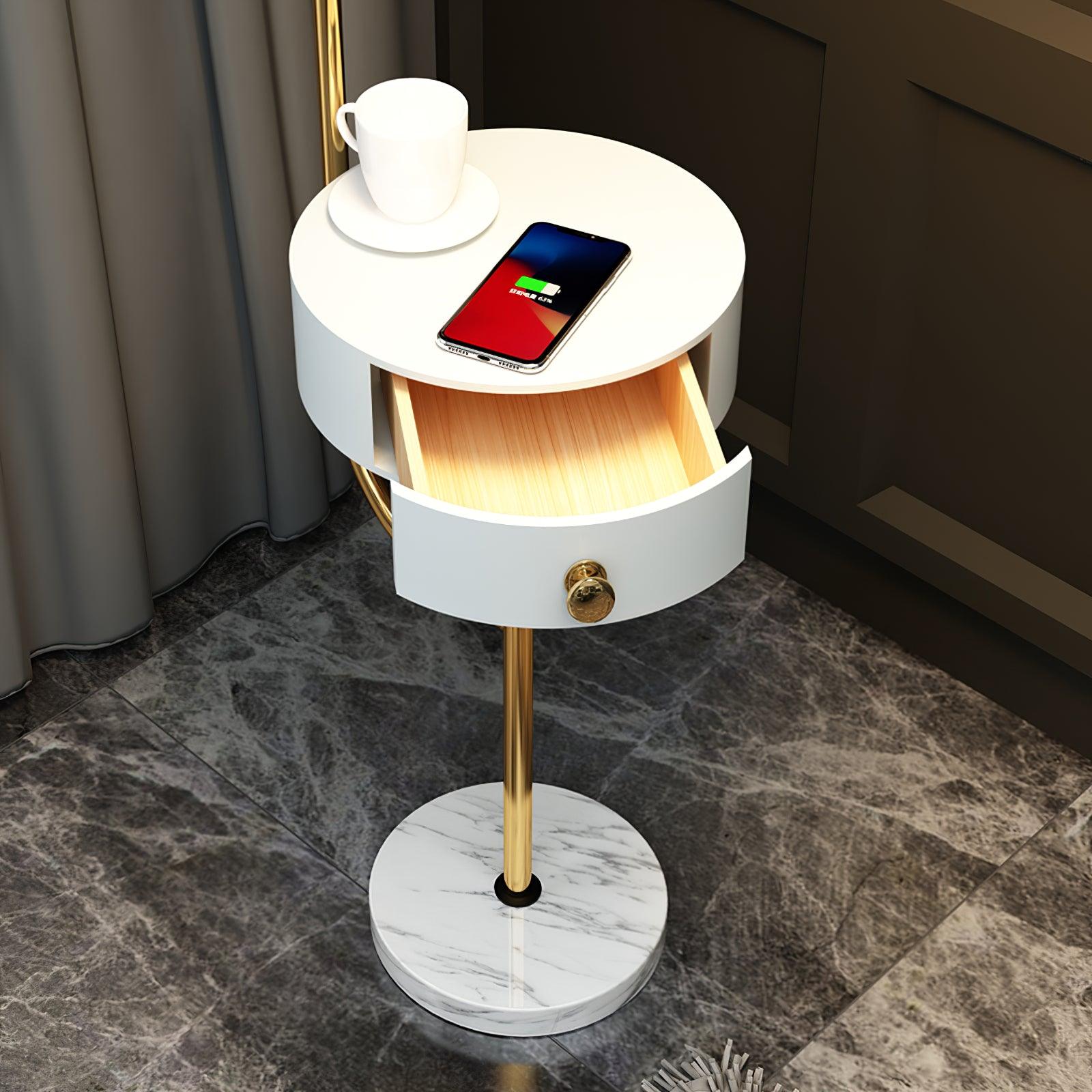 Agueda Modern Standing Floor Lamp with Integrated Wood Side Table and Marble Base