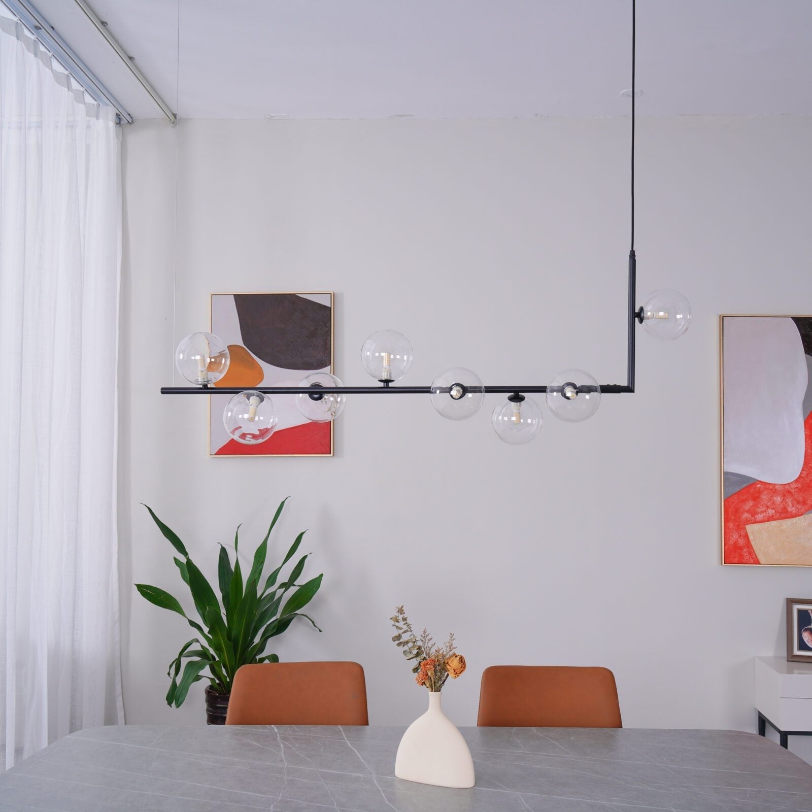 modern-linear-chandelier-with-clear-glass-globe-shades-for-geometric-dining-room-lighting