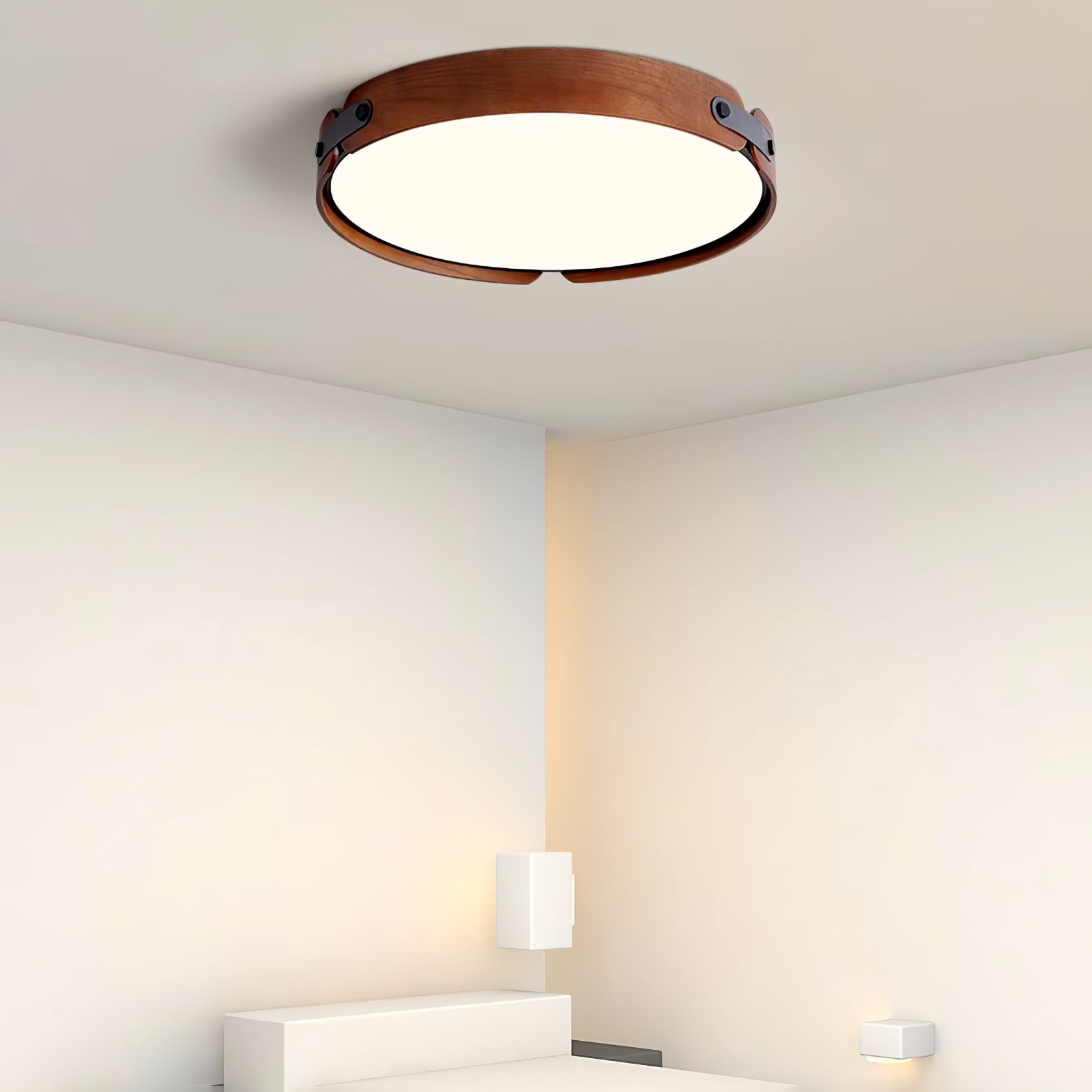Modern Natural Wood LED Flush Mount Ceiling Light Fixture with Wabi Sabi Minimalist Design