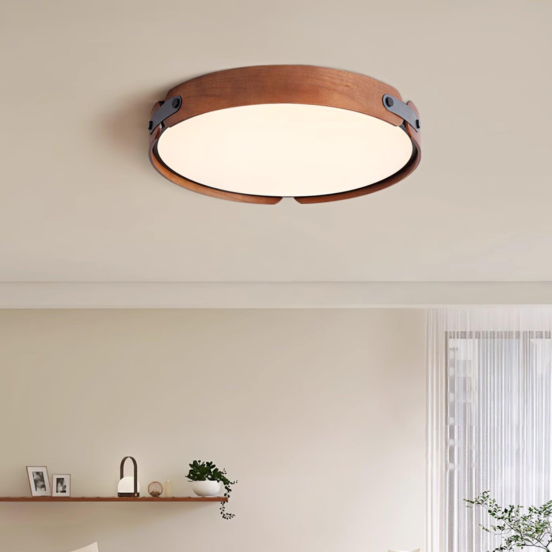 Modern Natural Wood LED Flush Mount Ceiling Light Fixture with Wabi Sabi Minimalist Design