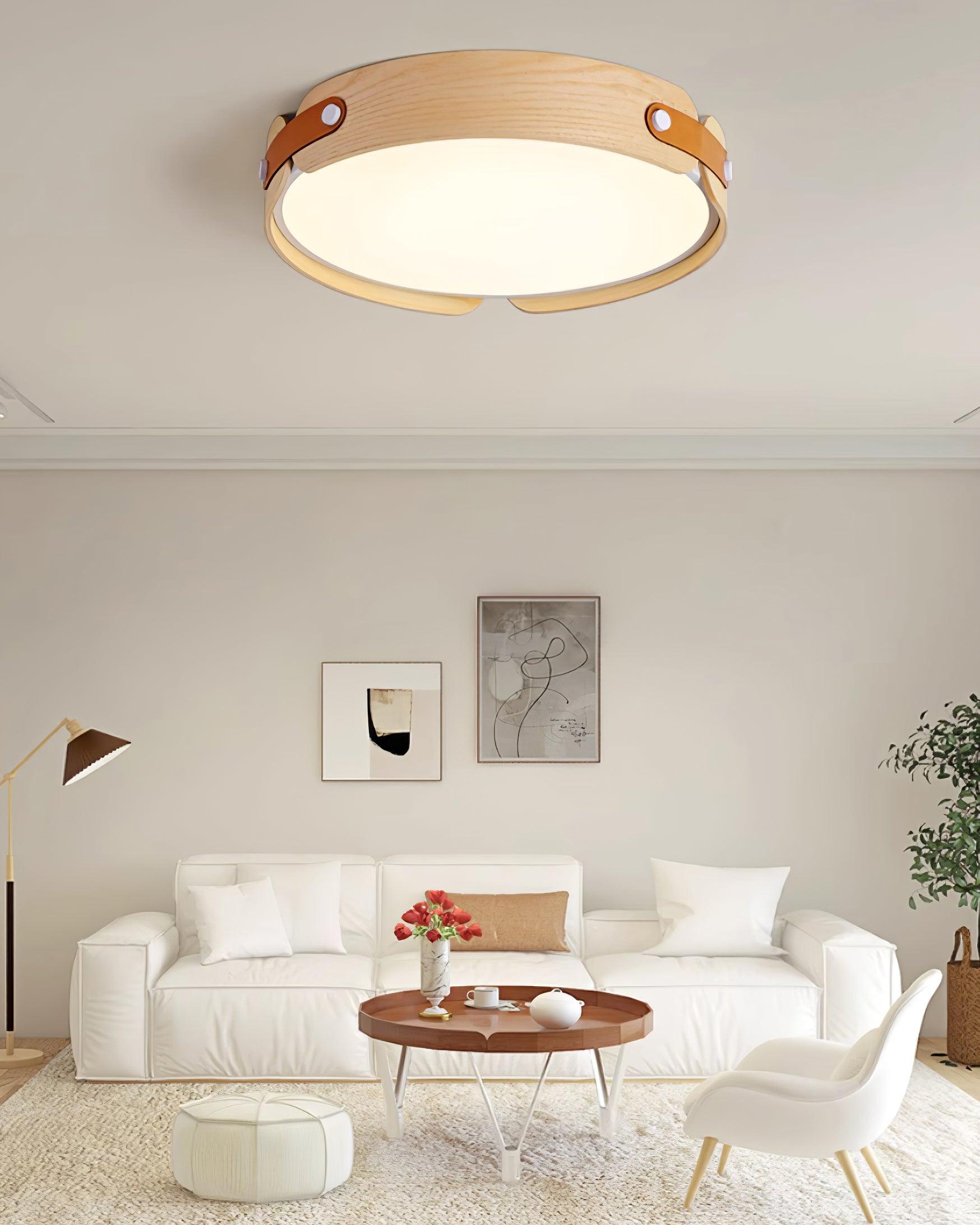 Modern Natural Wood LED Flush Mount Ceiling Light Fixture with Wabi Sabi Minimalist Design