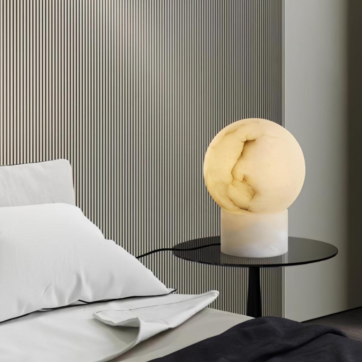 Natural Snowflake Alabaster Sphere Table Lamp for Bedside Reading and Desk Lighting