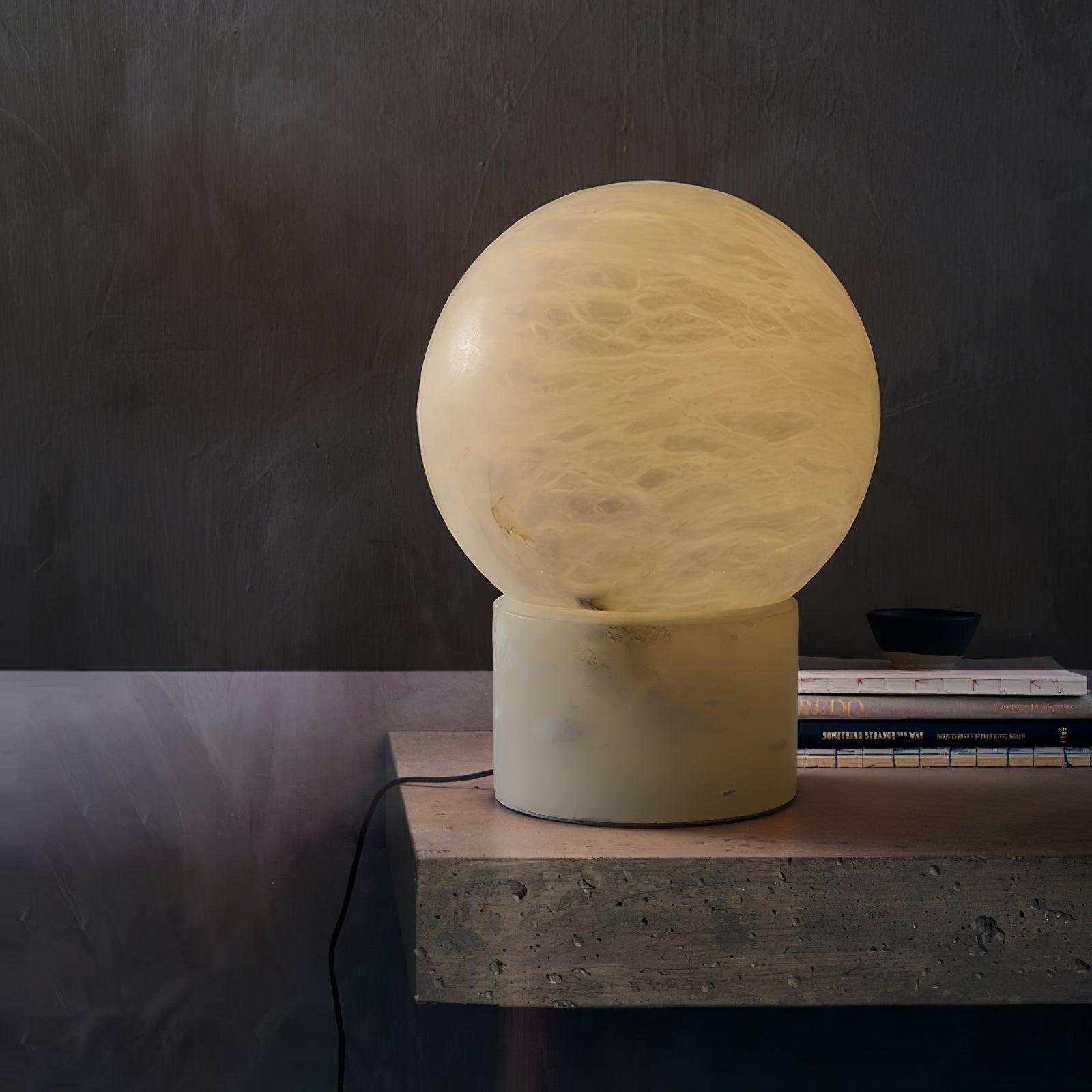 Natural Snowflake Alabaster Sphere Table Lamp for Bedside Reading and Desk Lighting